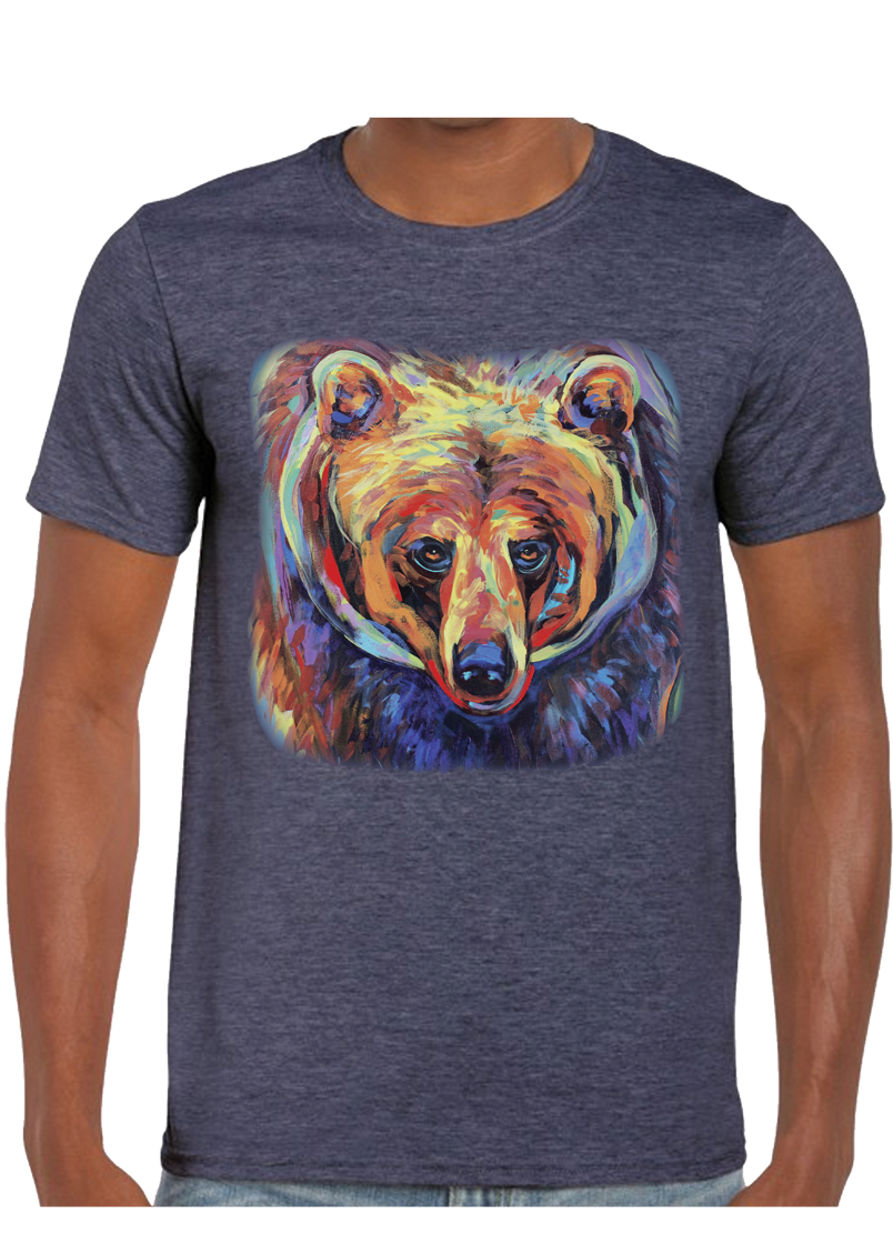 Grizzly Pride T-shirt- navy heather tee with colourful grizzly artwork by Kari Lehr