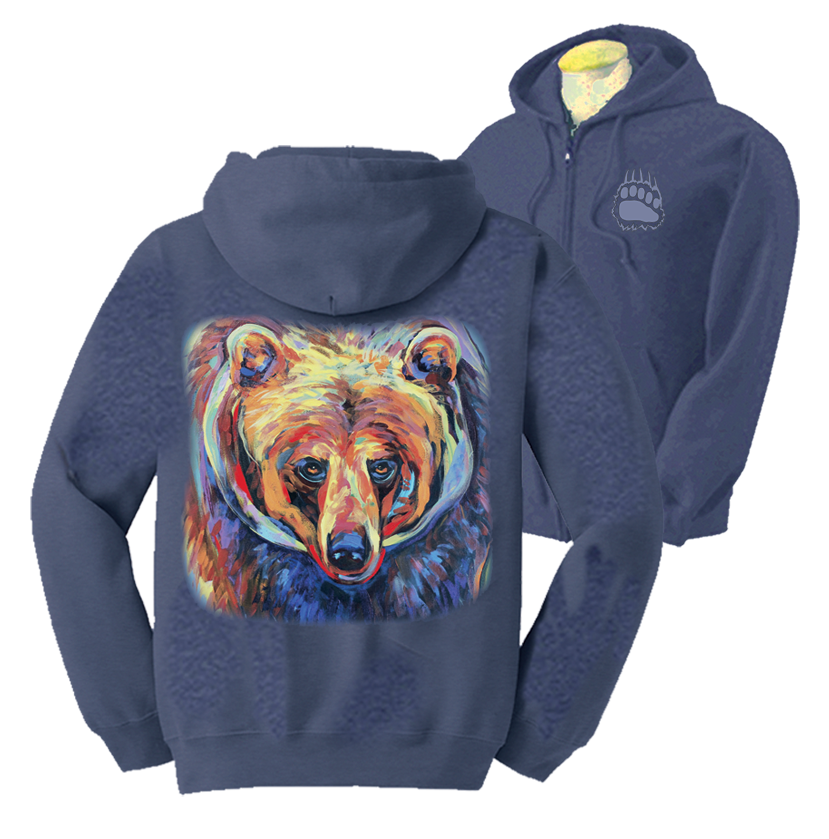 Grizzly Pride full-zip sweater- navy heather sweater with colourful grizzly artwork by Kari Lehr on the back, and bear paw on the front left chest