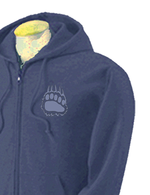 Grizzly Pride full-zip sweater- navy heather sweater with colourful grizzly artwork by Kari Lehr on the back, and bear paw on the front left chest