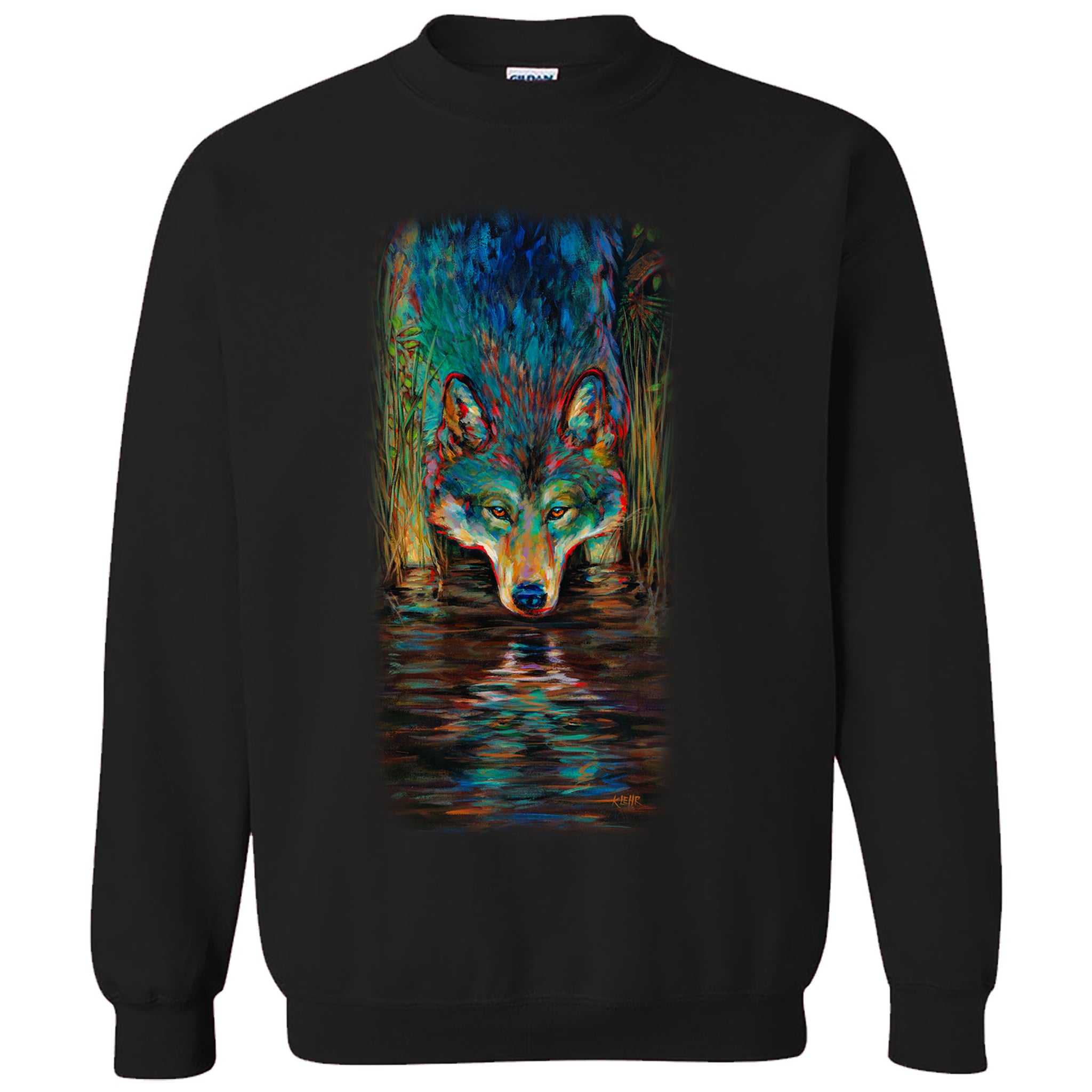 Grey Wolf Crew neck sweater- black sweater with wolf artwork by Kari Lehr