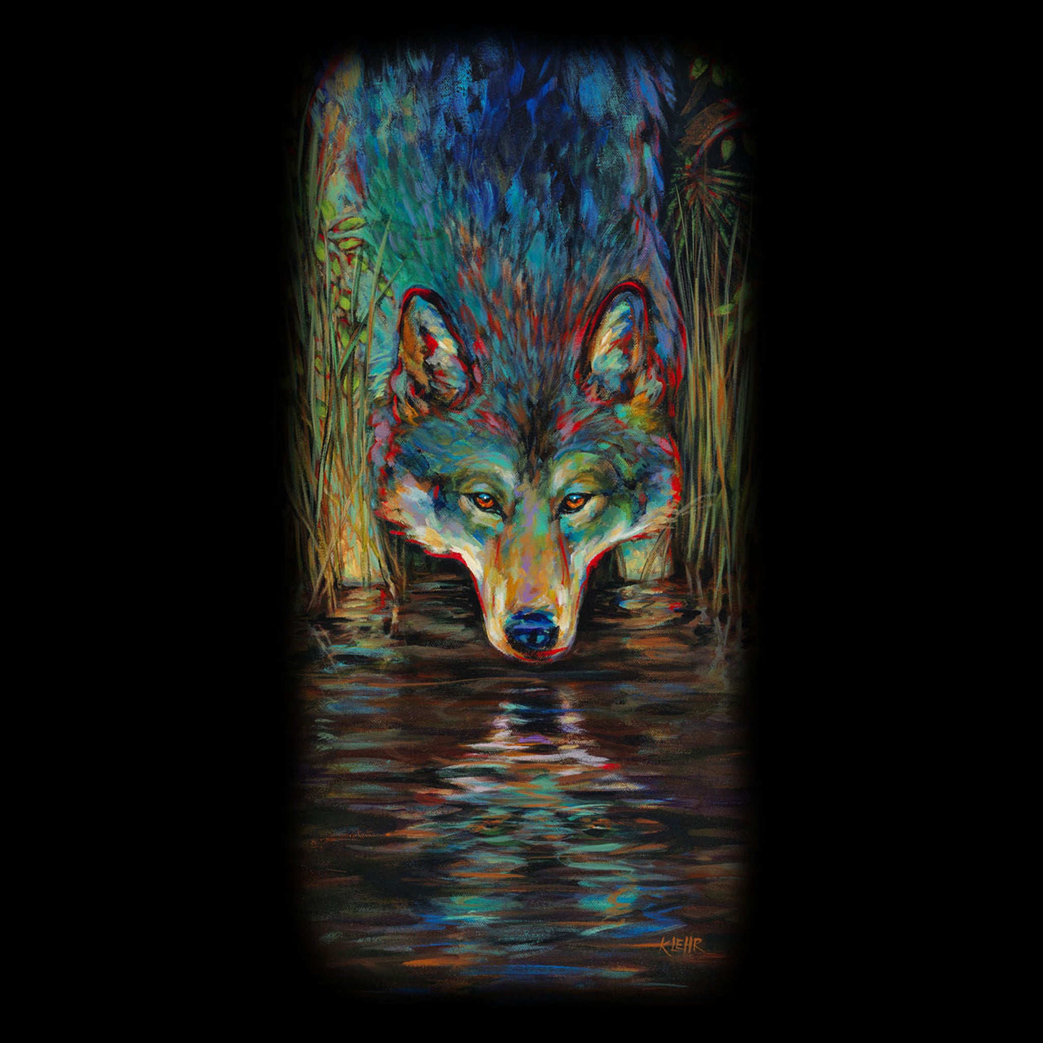 Grey Wolf Kari Lehr - painting of a grey wolf looking at it's reflection
