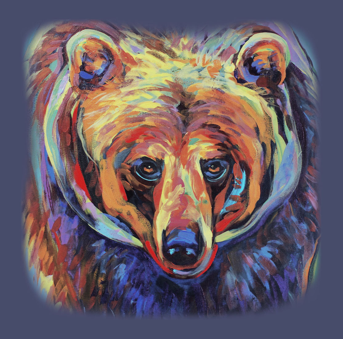 Grizzly Pride by Kari Lehr- colourful painting of grizzly bear head and shoulders