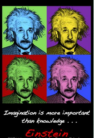 Imagine Einstein - painting of four different coloured faces of Einstein