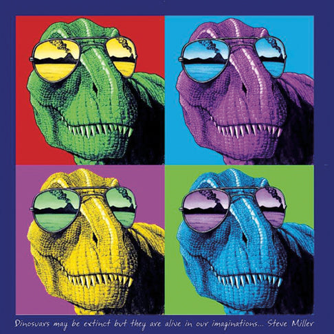 Imagine T-Rex - painting of four colorful dinosaurs with sunglasses