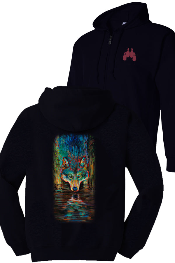 Grey Wolf full zip sweater- black sweater with wolf artwork by Kari Lehr