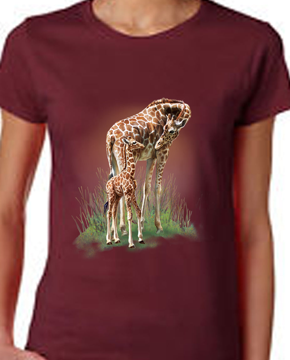 Mother And Baby T-Shirt - burgundy t-shirt with giraffe art
