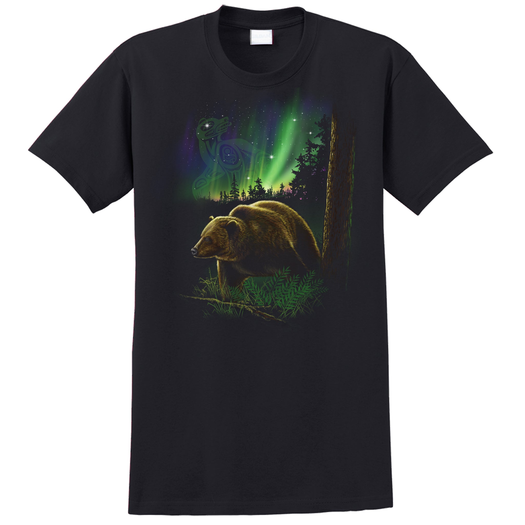 Native Grizzly Bear T-shirt - black T-shirt with grizzly bear in the woods with Northern Lights and native symbol by Canadian artist Eric Blais