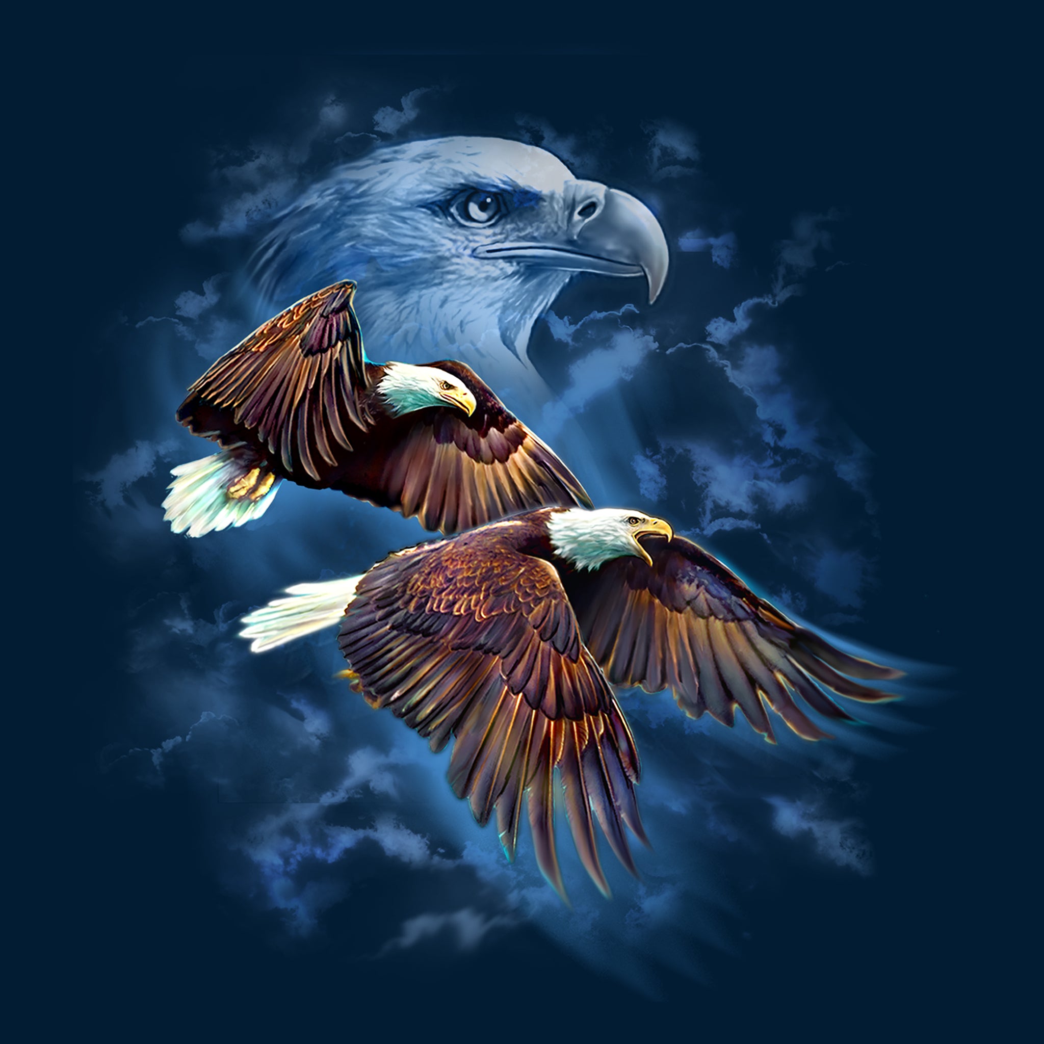 Night Flyers by Tami Alba - painting of eagles flying with eagle portrait in the background
