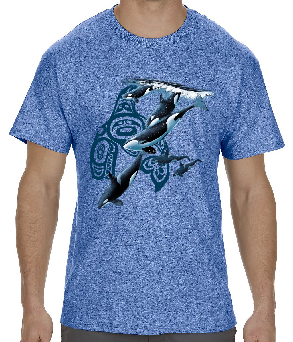 Native Orca's Diving T-Shirt - harbour blue or sapphire t-shirt with whale art by artist Eric Blais