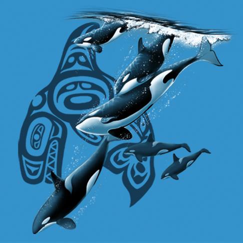 Native Orca's Diving by Eric Blais - painting of orca whales diving with the native symbol in the background