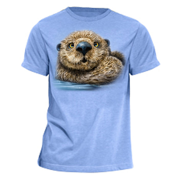 Otter Totem T-Shirt - light blue heather t-shirt with otter art by Canadian nature artist Patrick LaMontagne