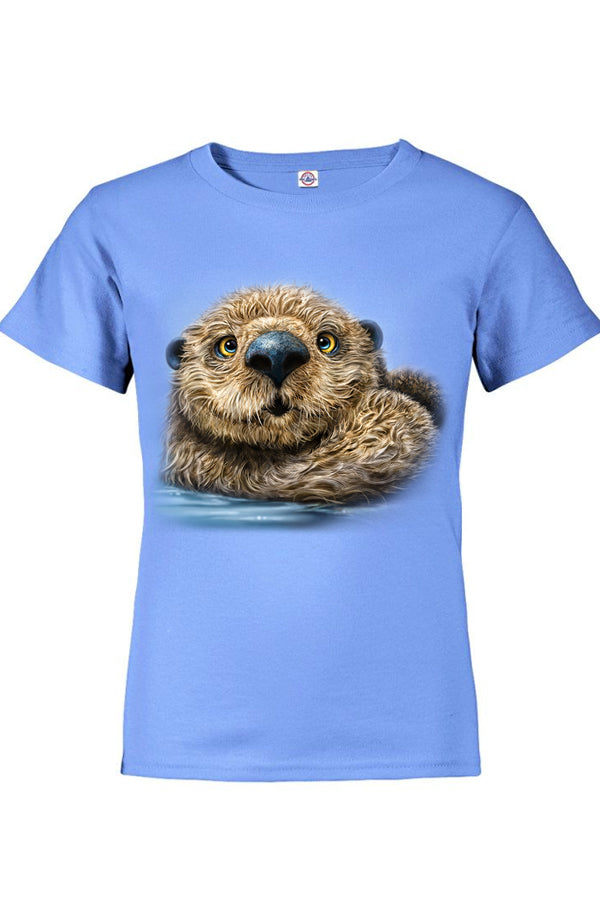 Otter Totem T-Shirt -carolina blue heather t-shirt with otter art by Canadian nature artist Patrick LaMontagne