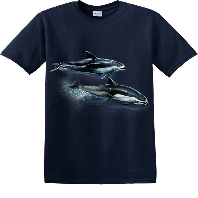 Pacific Dolphins t-shirt- Navy t-shirt with artwork of 2 dolphins