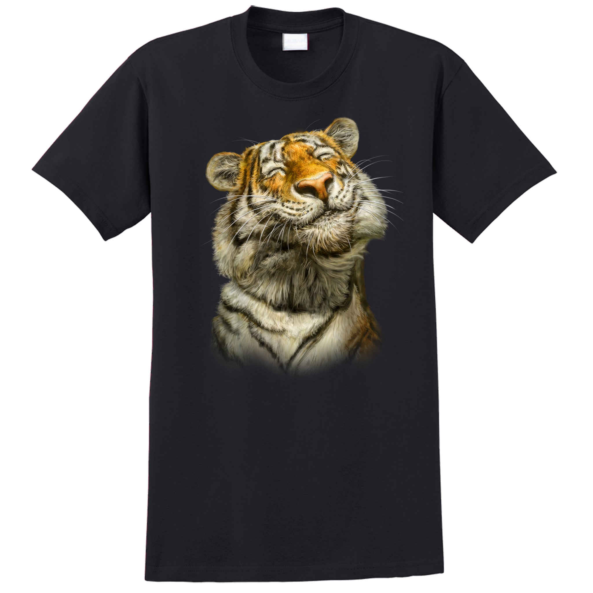 Smiling Tiger - black t-shirt with tiger art by Canadian artist Patrick LaMontagne