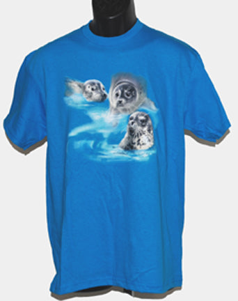 Harbour Seals T-Shirt - turquoise t-shirt with 3 harbour seals swimming by Robert Campbell