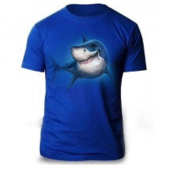 Shark Totem T-Shirt - royal blue t-shirt with shark art by nature artist Patrick LaMontagne"