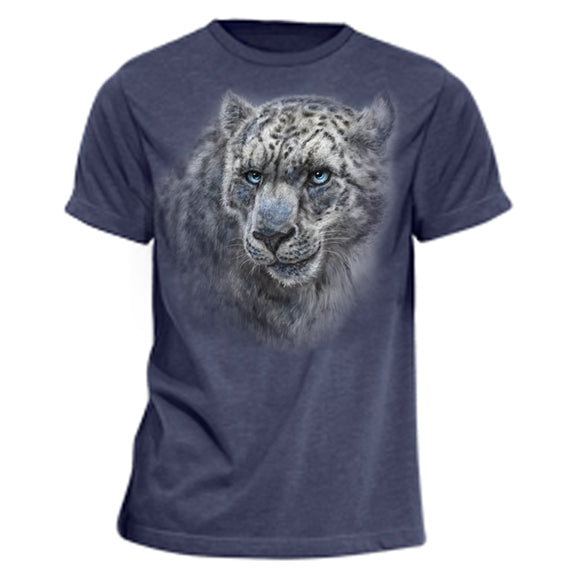 Snow Leopard Totem T-Shirt - navy heather t-shirt with snow leopard art by Canadian nature artist Patrick LaMontagne