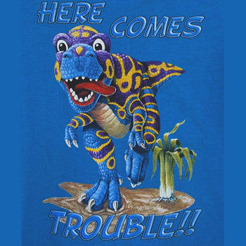 Here Comes Trouble - painting of a funny dinosaur