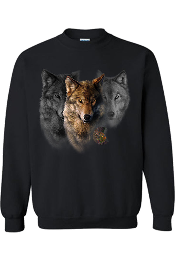 Wolf Trilogy Crew Neck Sweatshirt - black crew neck sweatshirt with 3 wolf heads by Robert Campbell