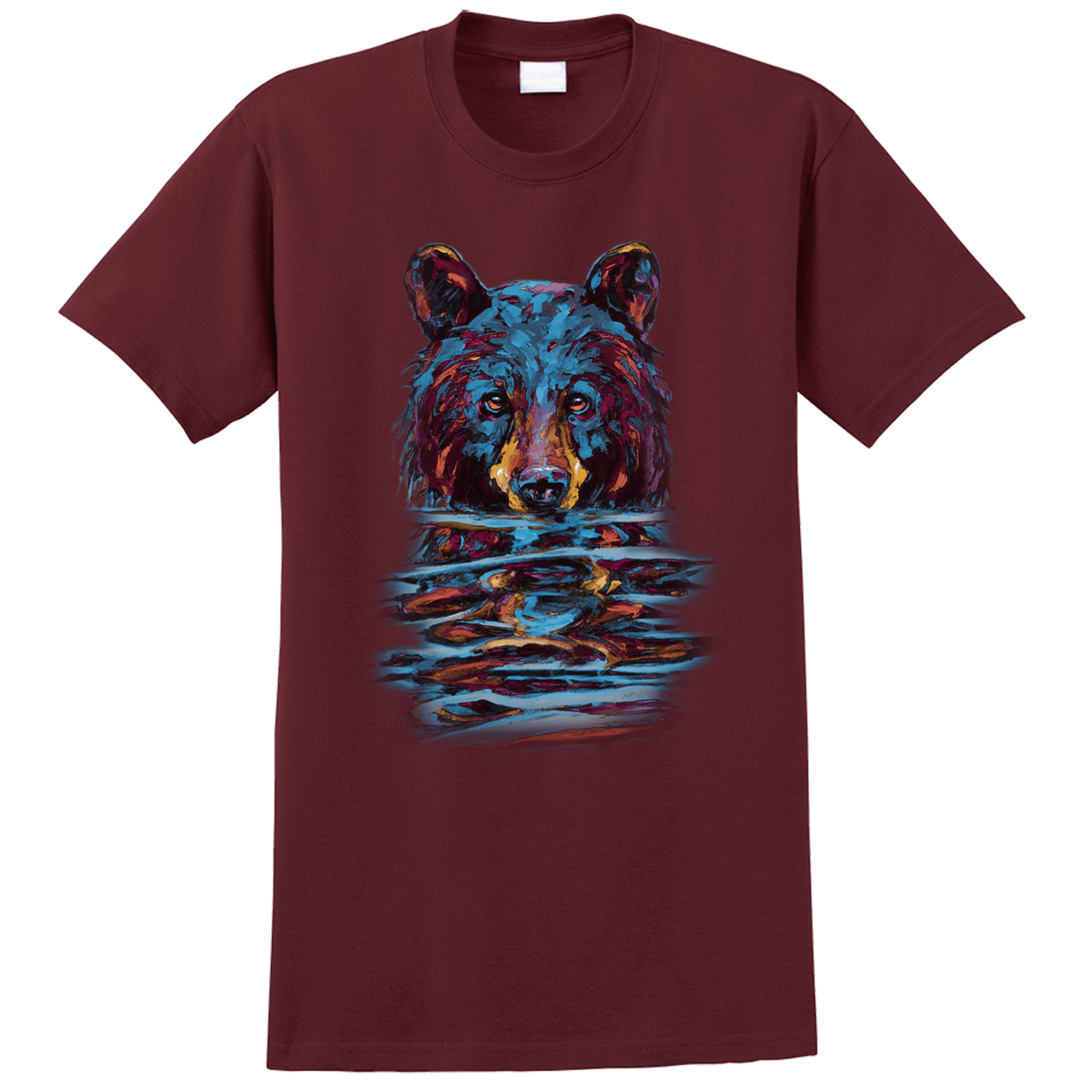 Very Wet Bear T-shirt - maroon T-shirt with black bear art by Canadian nature artist Kari Lehr