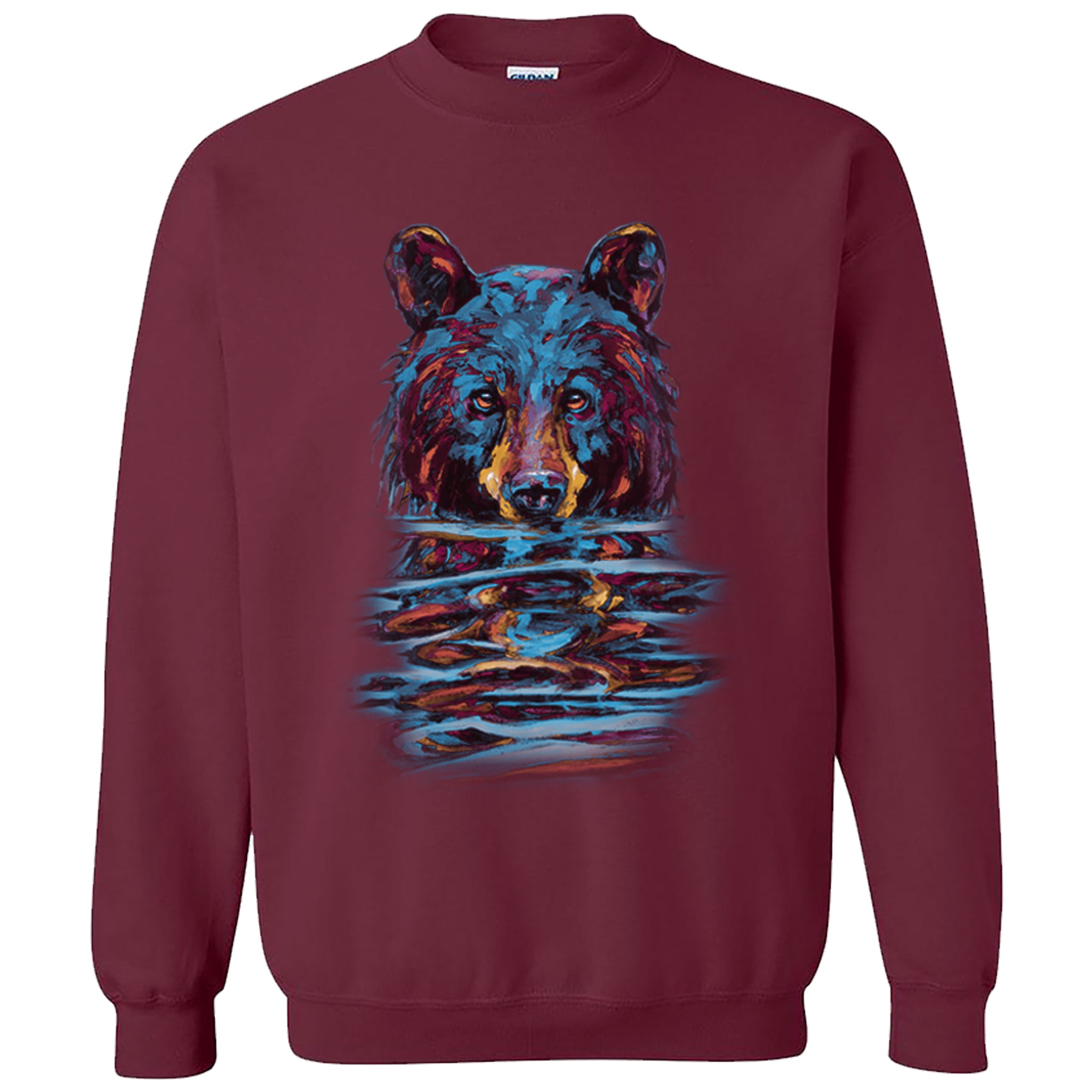 Very Wet Bear Crewneck - maroon crewneck sweatshirt with black bear art by Canadian nature artist Kari Lehr