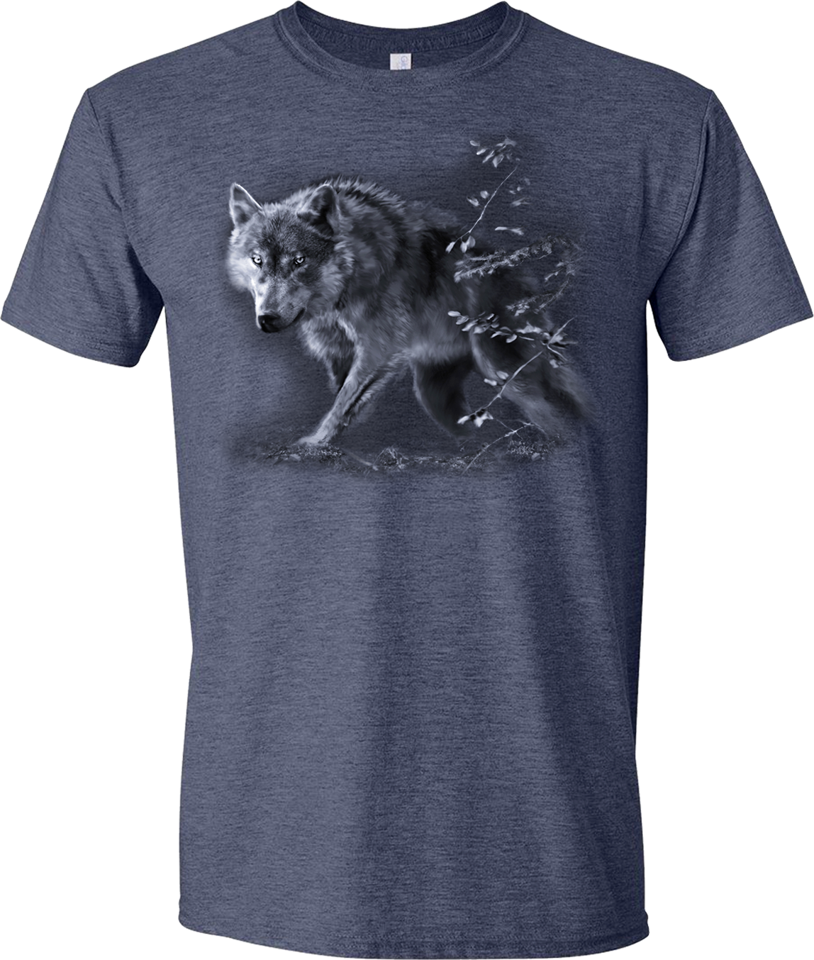 Wolf on the Prowl T-shirt - heather navy T-shirt with prowling wolf by Robert Campbell 