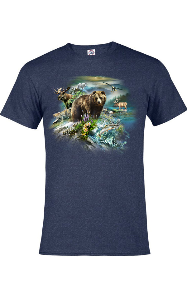 Wildlife CollageT-Shirt - navy heather t-shirt with wildlife art by Tami Alba