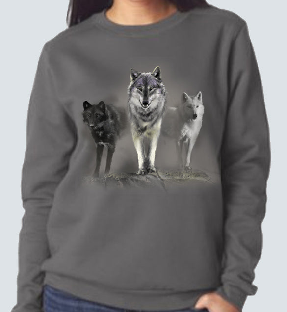 Wolf Tribute Crew Neck Sweat Shirt - charcoal crew neck sweat shirt with wolf art by artist Robert Campbell