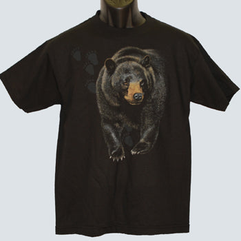 Bear Trax T-shirt - black T-shirt with black bear and paw print art