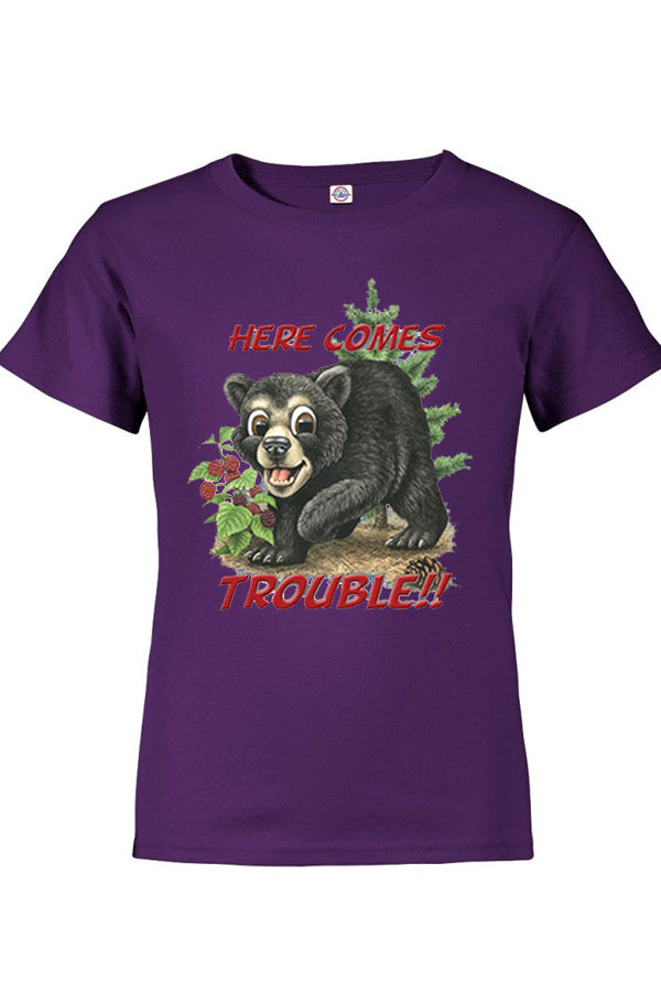 Bear Trouble T-Shirt - royal or purple t-shirt with bear cub art