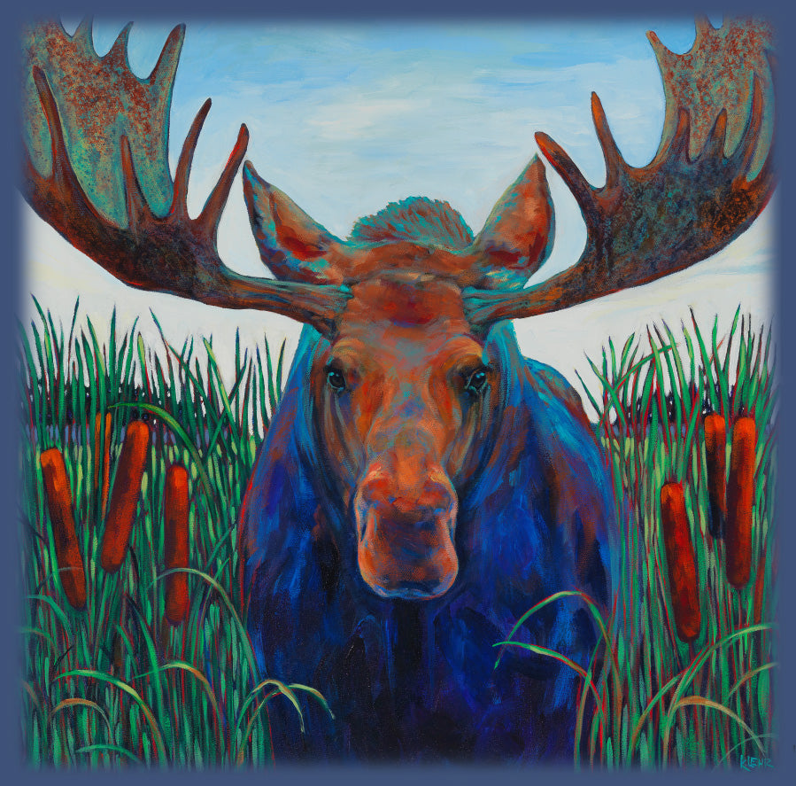 Bull Rush Moose by Kari Lehr- artwork feature moose standing in the bull rushes