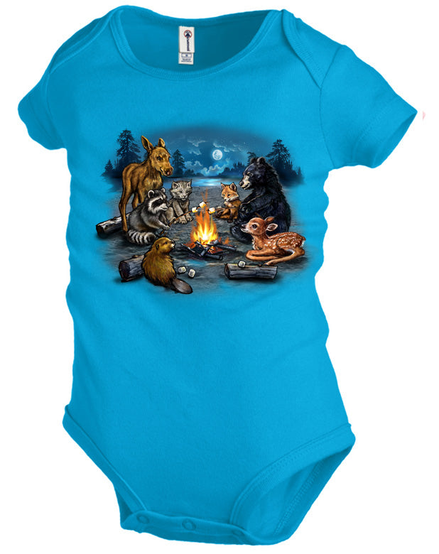Campfire Critters T-Shirt -turquoise or pink t-shirt with baby animal art by artist Tami Alba