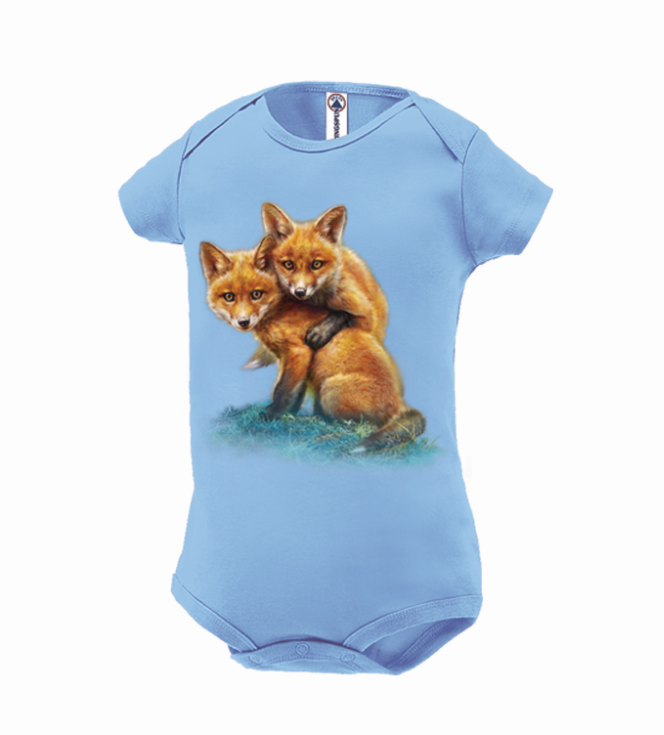 Fox Kits by Tami Alba- Artwork of two your foxes on a sky blue onesie