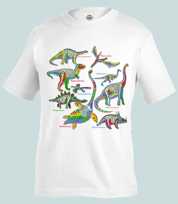 Glowing Dinos T-Shirt - white t-shirt with dinosaur art
