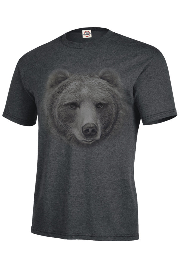 Big Head Grizzly Profile T-shirt - charcoal heather t-shirt with large portrait of grizzly face