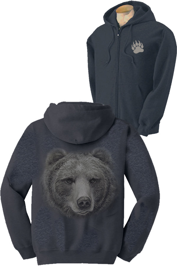  Grizzly Profile With Paw Full Zip Hooded Sweatshirt - dark heather full zip hooded sweatshirt with large portrait of grizzly face