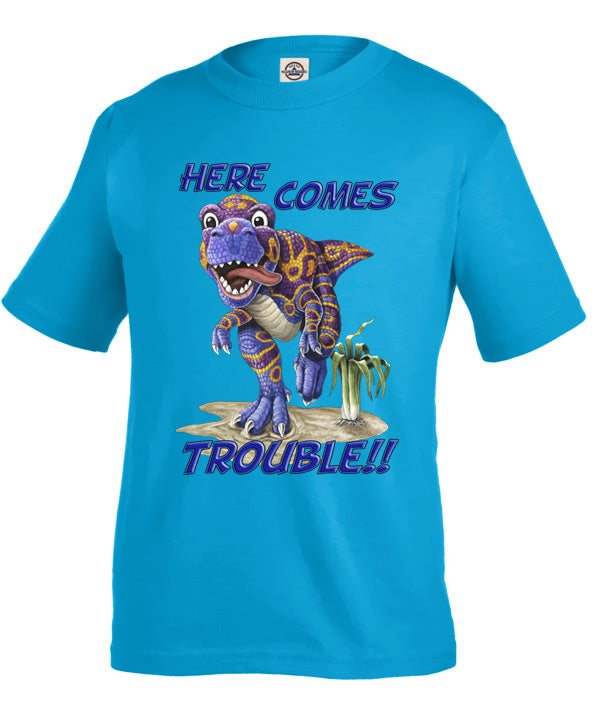Here Comes Trouble T-Shirt - hot pink or turquoise t-shirt with dinosaur art