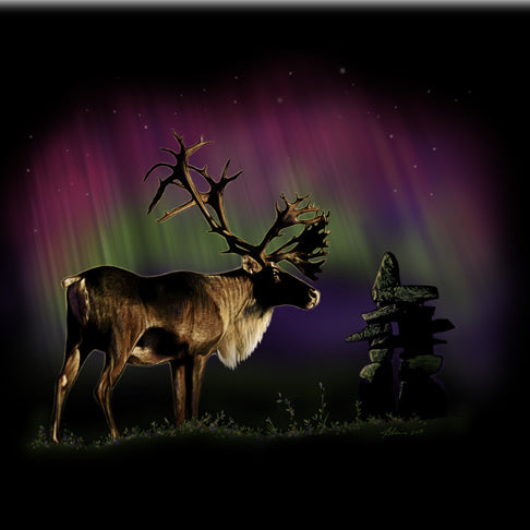 Inukshuk Caribou by Eric Blais - painting of a caribou, Inukshuk and northern lights