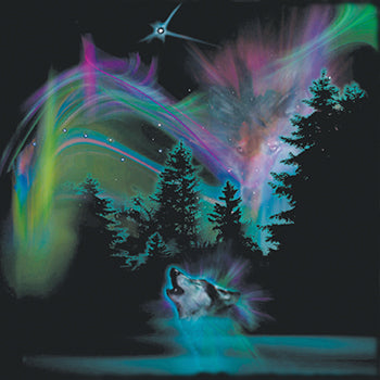 Light Show by Robert Campbell - painting of wolf howling up at Aurora Borealis Northern Lights