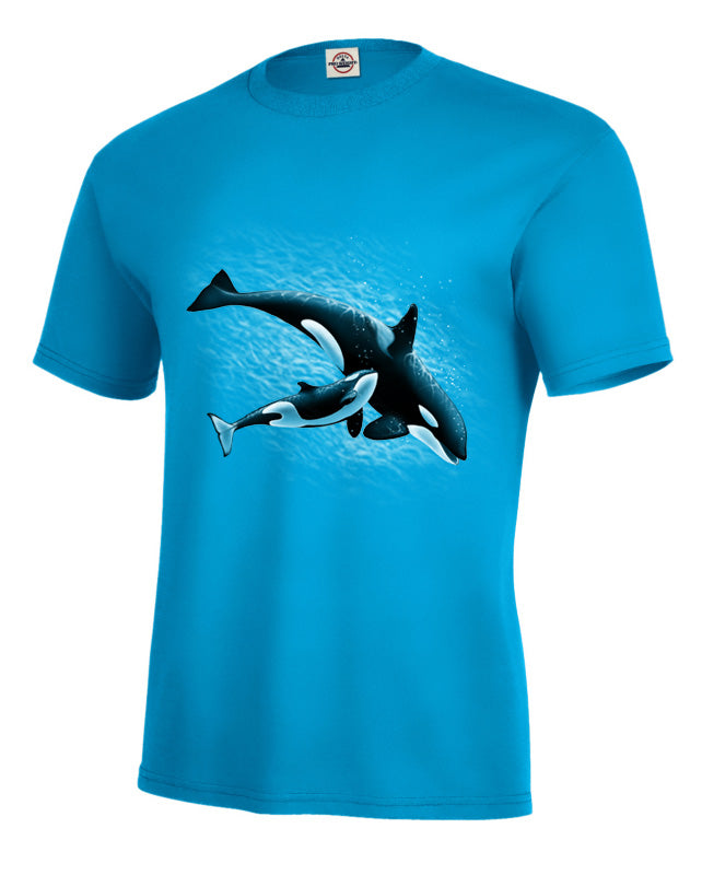 Mom & Baby Orca T-Shirt - sapphire t-shirt with orca whale art by Canadian artist Eric Blais