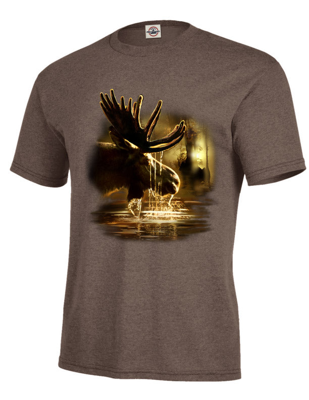 Moose Reflections T-Shirt - brown heather t-shirt with bull moose art by Tami Alba