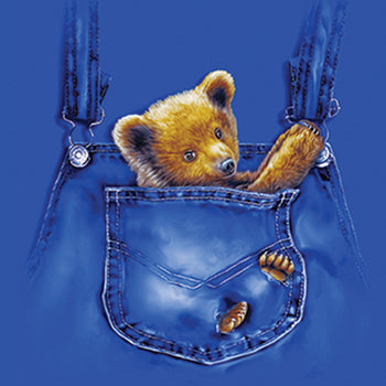Pock Surprise - painting of bear art in front pocket of jean overalls