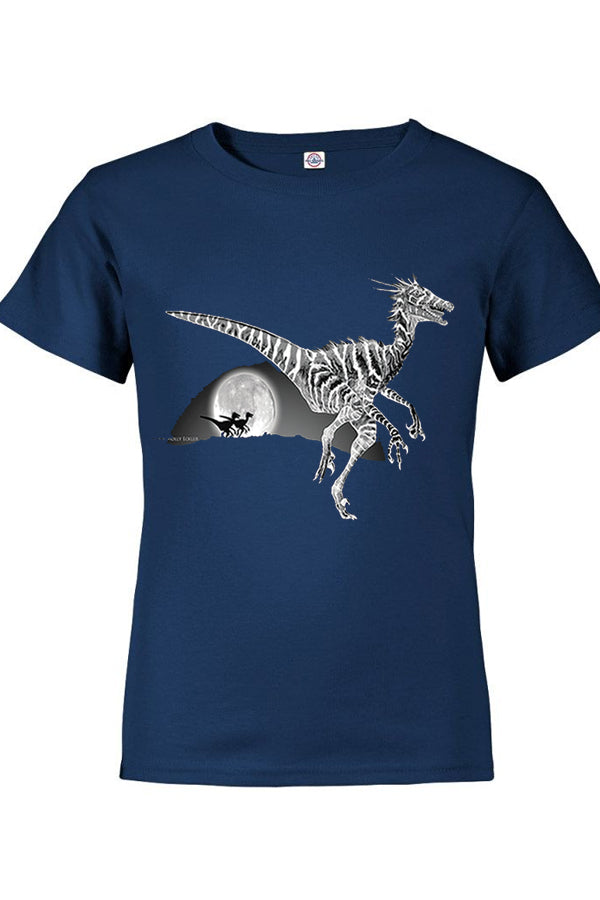 Radiant Raptors T-Shirt - navy t-shirt with glow in the dark dinosaur art by artist Molly Eckler