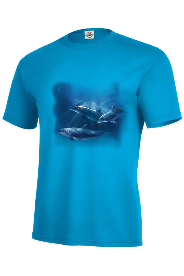 Spotlit Dolphins T-Shirt - sapphire t-shirt with dolphin art by artist Robert Campbell