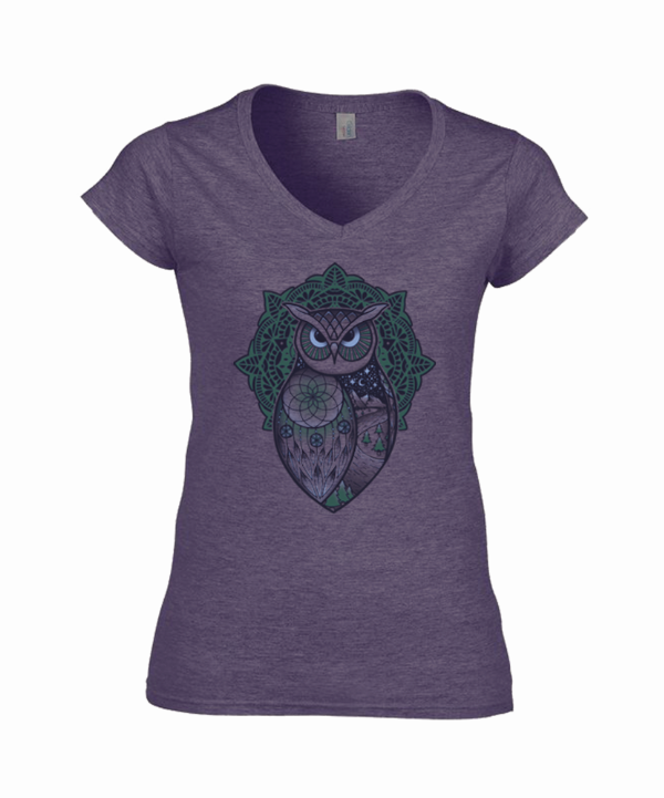 Spirit Owl- artwork of an owl with a dreamcatcher design in the wing on a heather purple t-shirt