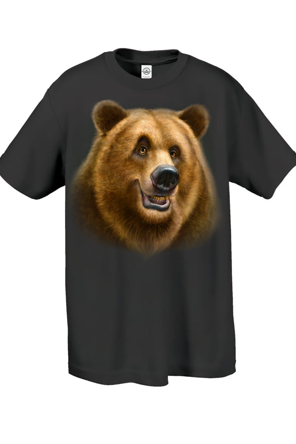 Totem Grizzly T-Shirt - charcoal t-shirt with smiling grizzly art by Canadian artist Patrick LaMontagne