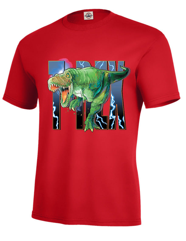 T-Rex Attack T-Shirt - red t-shirt with dinosaur art