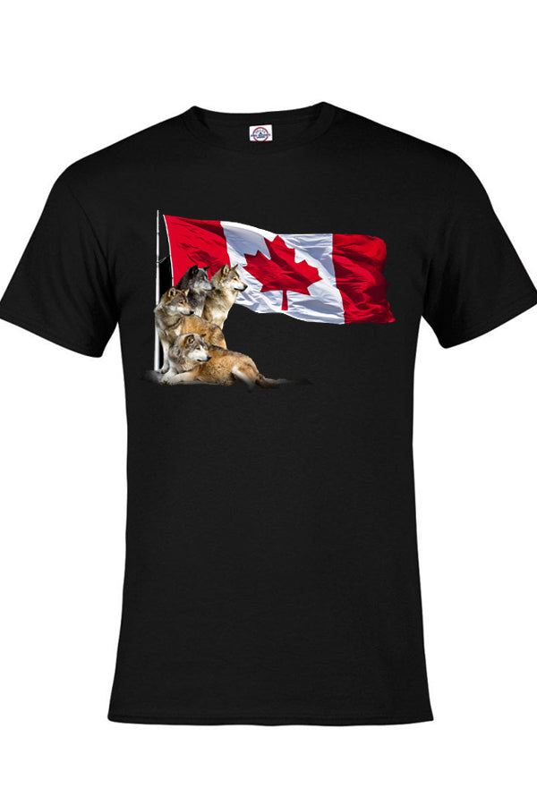 Wolf Flag - black 100% cotton T-shirt with 4 wolves and Canadian flag by Canadian nature artist Eric Blais