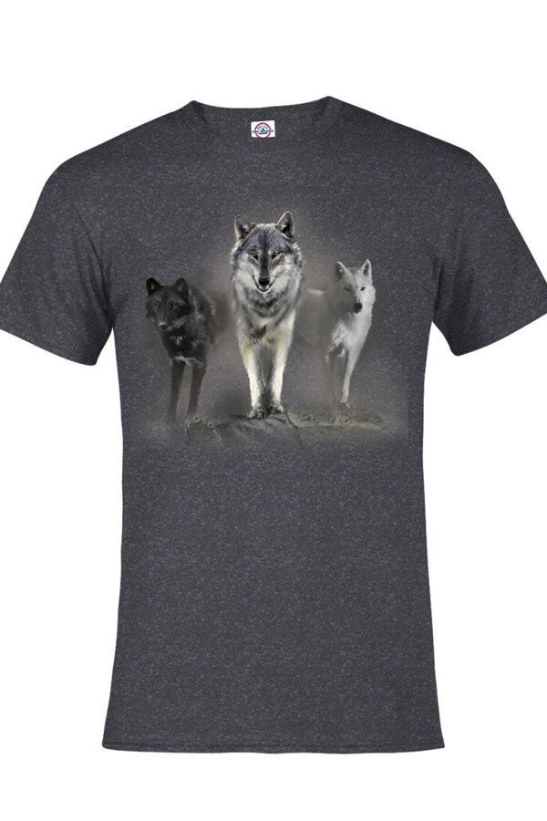 Wolf Tribute T-shirt - charcoal heather T-shirt with 3 wolves standing on a cliff by nature artist Robert Campbell