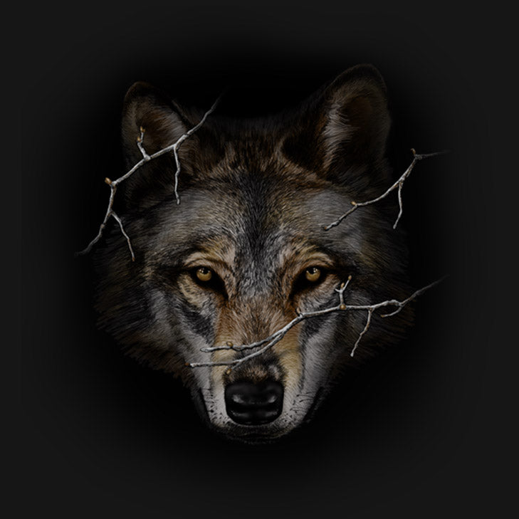 Wolf Prowl by Eric Blais - painting of large wolf head emerging from woods